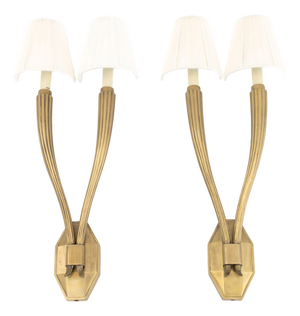 Art Deco Style Brass 2-Branch Wall Sconces, Pair