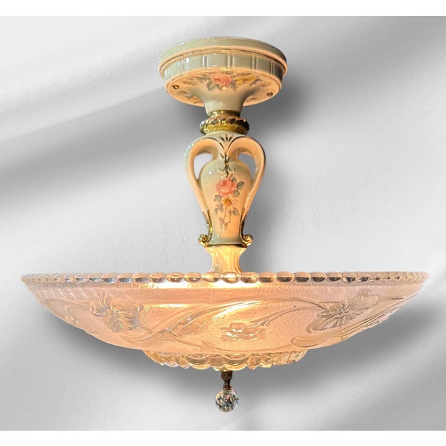 1930s Art Nouvau Glass and Porcelain Chandelier For Sale - Image 4 of 12