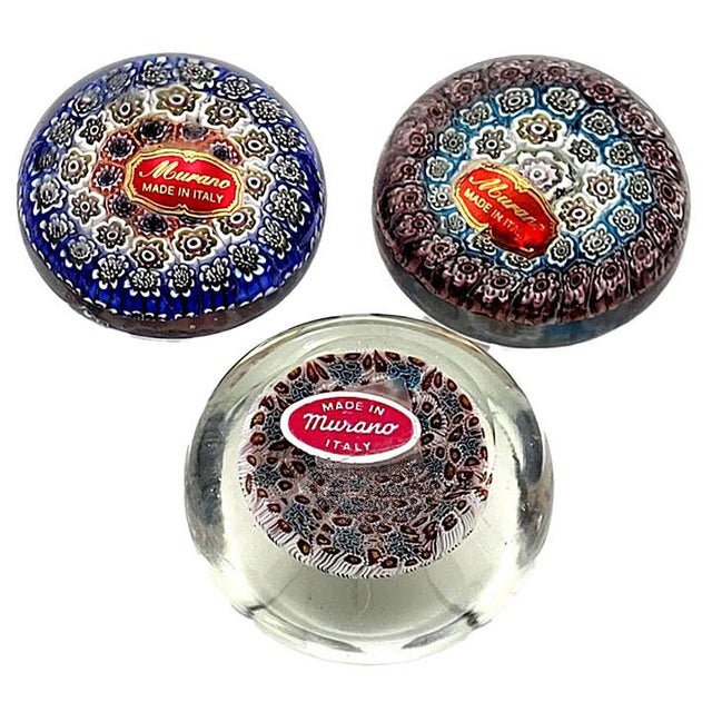 Nice Collection of 3 Murano Milifiori Paper Weights With Factory Stickers, Made in Italy
