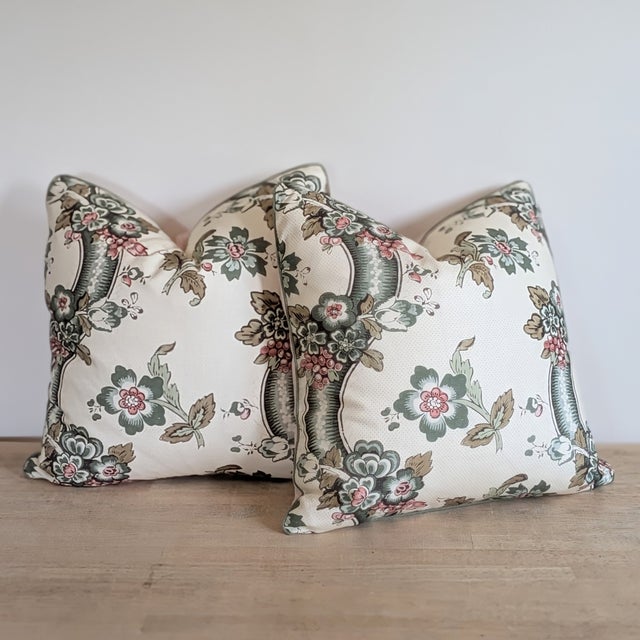 Textile Lee Jofa Benday Floral Pillows in Green & Rose With Fermoie Pink Striped Backs For Sale - Image 7 of 8