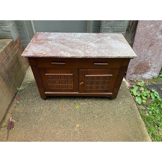Antique French Art Deco Style Marble Top Oak Wood Cabinet Sideboard With Geometric Front For Sale - Image 18 of 18