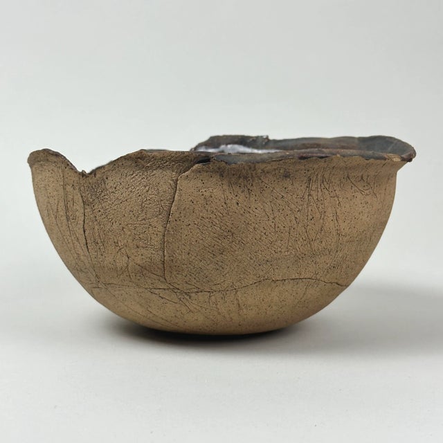 Vintage Brutalist Organic Rim Drip Glazed Interior Stoneware Bowl For Sale - Image 4 of 9