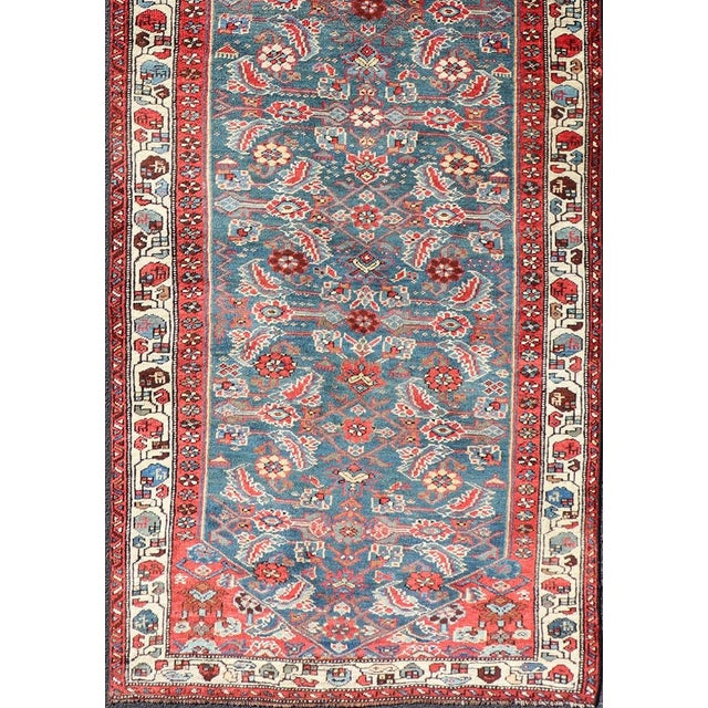 Tribal Antique Persian Bidjar Rug With Large Floral Motifs in Blue, Red, and Ivory For Sale - Image 3 of 12