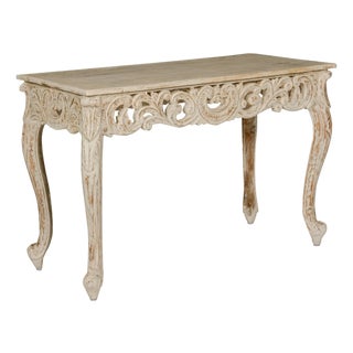 Rococo Style Painted Console Table with Carved Apron and Distressed Finish For Sale