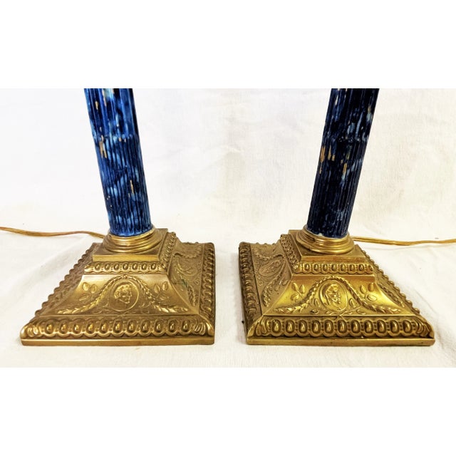 Mid 20th Century Vintage Brass Candlestick Column Lamps With Faux Marbre Accents- a Pair For Sale - Image 5 of 13