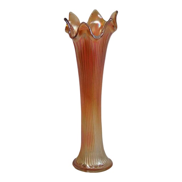 Fenton Fine Rib Style Marigold Carnival Glass Swung Vase For Sale