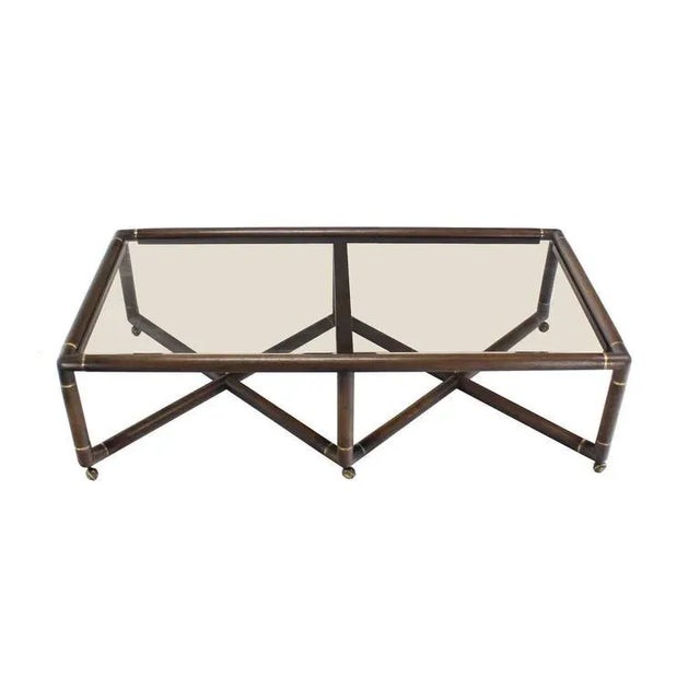Mid-Century Modern 1970s Mid-Century Modern Double X-Base Glass Top Rectangular Coffee Table on Wheels For Sale - Image 3 of 9