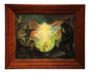 1940s Cubist Oil Pastel Crucifixion Scene with Bright Yellow
