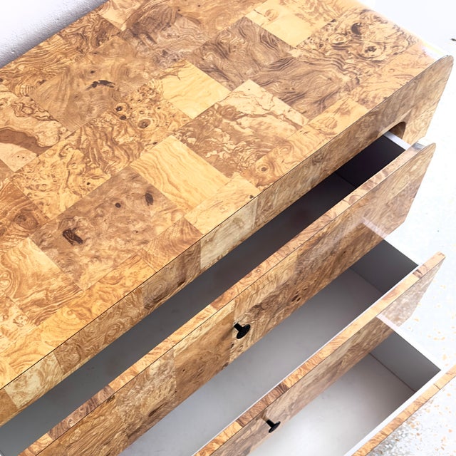 Postmodern Three-Drawer Waterfall Dresser With Faux Burlwood Laminate Veneer For Sale - Image 12 of 15