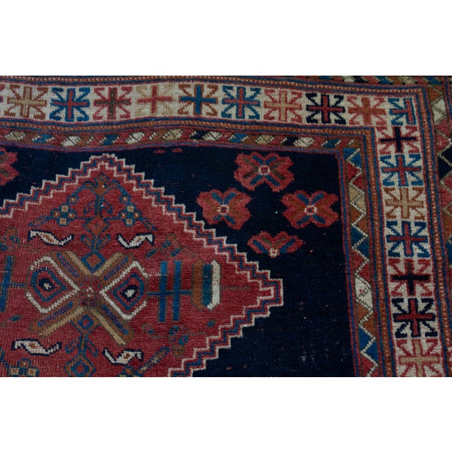 Navy Blue Antique Caucasian Geometric Floral Medallion Navy Red Rug Wool Low Pile Hand-Knotted - 4’2” X 6' For Sale - Image 8 of 10