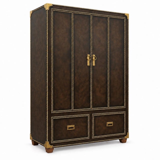 20th -C. Regency Campaign Style Leather and Brass Bar Cabinet / Armoire For Sale - Image 4 of 6