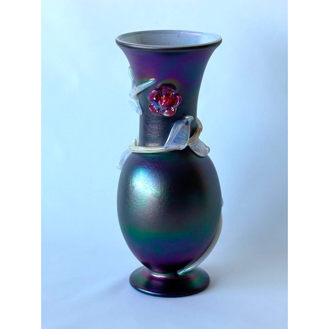 2000 - 2009 Iridesed Black Glass Vase with Sculpture Glass Flowers by Loetz For Sale - Image 5 of 9