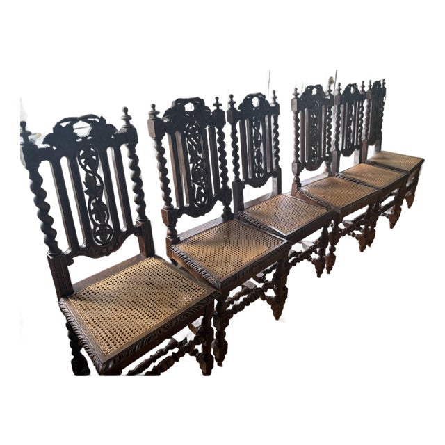 Set of Six Antique Jacobean Revival Carved Oak Barley Twist Rush Seat Dining Chairs, C. 1900 For Sale