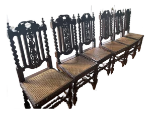 Set of Six Antique Jacobean Revival Carved Oak Barley Twist Rush Seat Dining Chairs, C. 1900