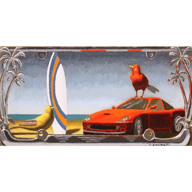 Going to Cali by Shawn Sullivan | Oil on panel with painted sides Surf scene with birds and a red car For Sale