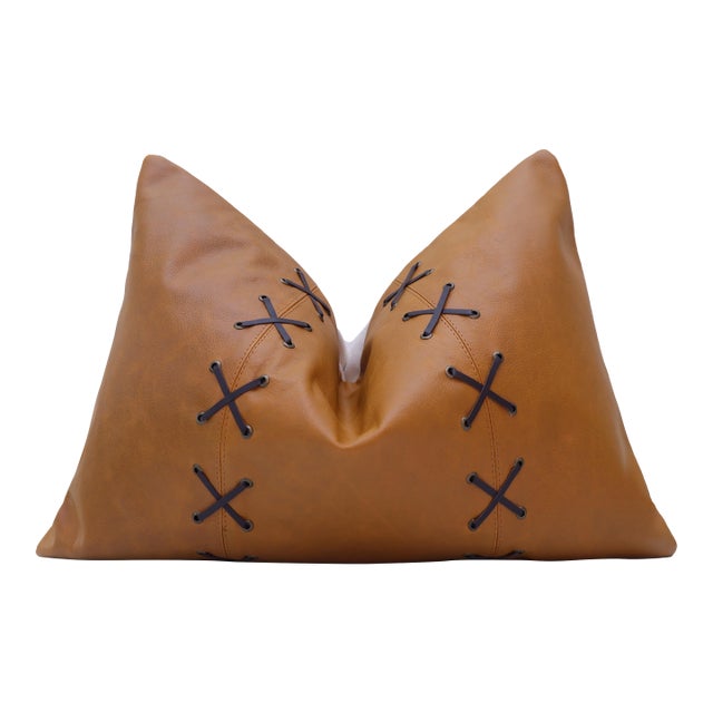 Luxury Camel Leather Lace Throw Pillow 16x24 | Handmade Designer Lumbar Cushion With Cross-Laced Detail For Sale