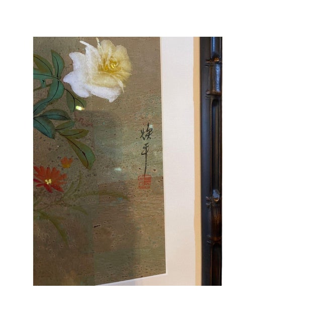Chinoiserie Mid 20th Century Monumental Pair of Mid-Century Chinoiserie Bird & Floral Paintings on Cork - Framed For Sale - Image 3 of 5