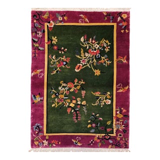 Vintage Chinese Art Deco Rug, Floral Design, Sage Green & Purple, 4' x 6' For Sale