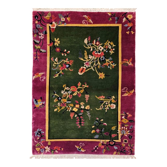 Vintage Chinese Art Deco Rug, Floral Design, Sage Green & Purple, 4' x 6' For Sale