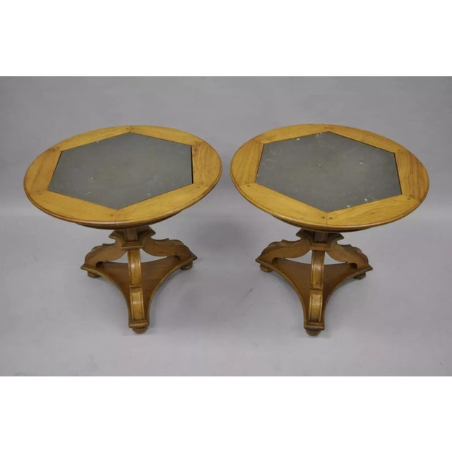 Vintage French Country Style Walnut Slate Top Pedestal Base Low End Tables - a Pair. Circa Mid 20th Century. Measurements:...