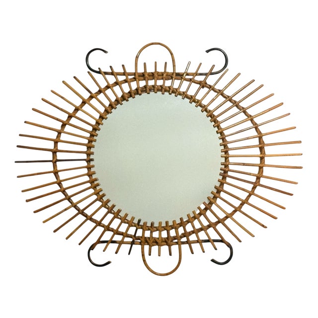Vintage Rattan Sun Mirror, 1950s For Sale