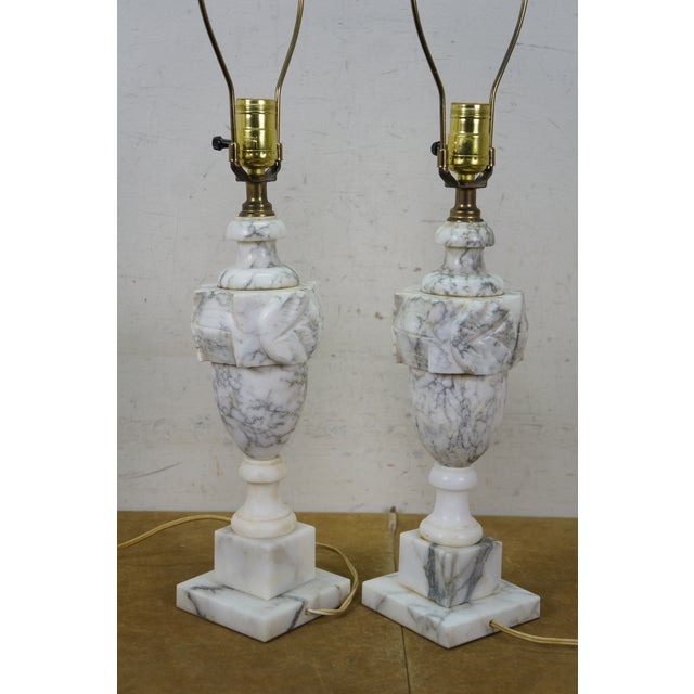 Mid 20th Century 2 Mid 20th Century Gray & White Alabaster Marble Trophy Urn Table Lamps Pair 18" For Sale - Image 5 of 15