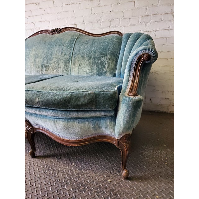 Victorian Antique Carved Wood Blue Velvet Sofa Chairish