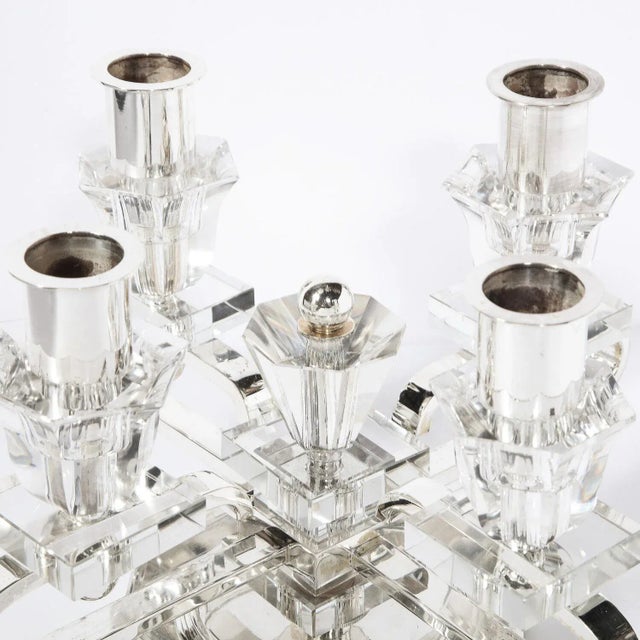 Metal Pair of 1940s Art Deco Four Arm Silverplate & Crystal Candleholders For Sale - Image 7 of 12