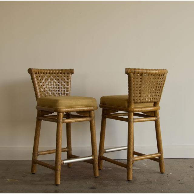 Contemporary Pair, McGuire San Francisco Woven Rawhide Counter Stools, Late 20th Century For Sale - Image 3 of 10
