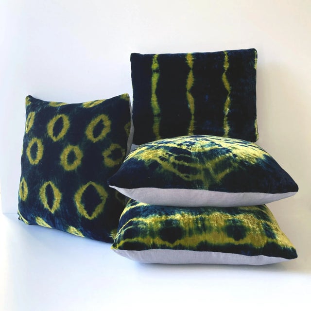 Abstract Rousseau Hand Dyed Silk Velvet Pillow, Gold & Indigo Ikat Abstract Pattern For Sale - Image 3 of 5