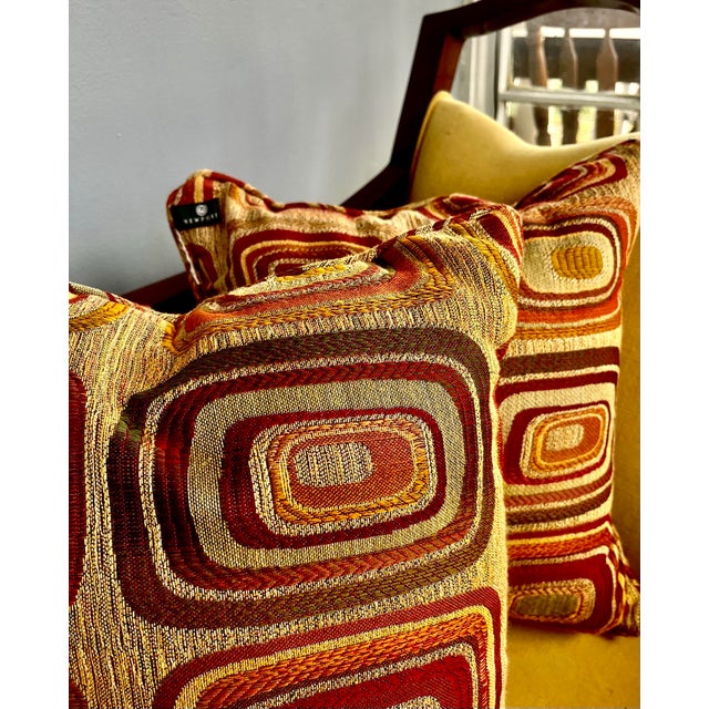 Art Deco Pair of Art Deco Geometric Throw Pillows in Red & Gold - Newport For Sale - Image 3 of 6