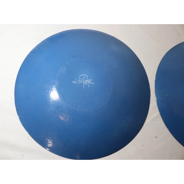 Handmade Pair of Thelma Winter Blue Enameled Decorative Art Collector Plates For Sale - Image 11 of 11