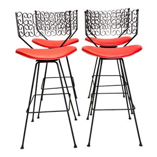 Wow Arthur Umanoff for Grenada Collection Iron Swivel Counter Bar Stools W/ Original Red Cushions For Sale