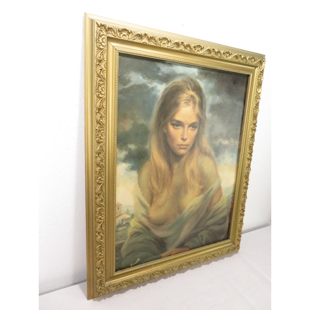 Mid 20th Century Vintage Girl of Valdarno by Vinciata on Canvas Gold Frame Mid Century Art Print For Sale - Image 5 of 9