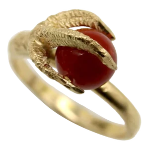 Vintage 18k Gold Sardinian Red Coral Bead and Claw Ring Size 7