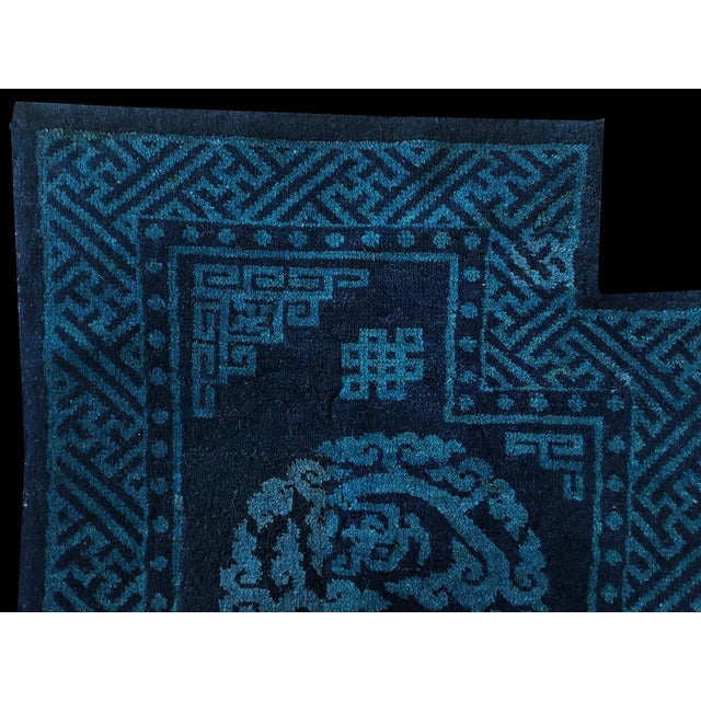 Chinese 1930s Blue Geometric Medallion Antique Chinese Horse Corver Hand Knotted Rug 1'10"x4' Wool Carpet For Sale - Image 3 of 7