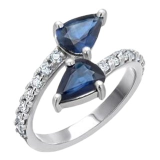 14k White Gold Matched 2 Pear-Shaped Sapphire and Diamond Cross Ring, Size 6.25 For Sale