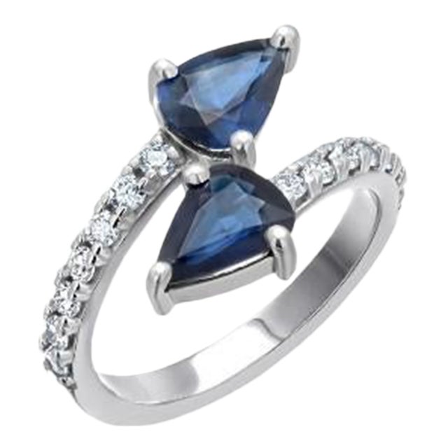 14k White Gold Matched 2 Pear-Shaped Sapphire and Diamond Cross Ring, Size 6.25 For Sale