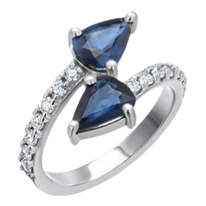 14k White Gold Matched 2 Pear-Shaped Sapphire and Diamond Cross Ring, Size 6.25