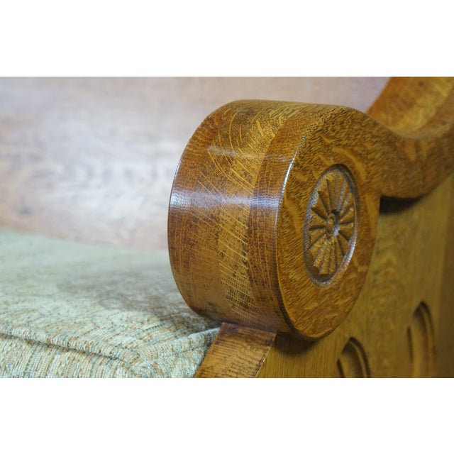 2 Antique Gothic Revival Quartersawn Oak Carved Church Pews Deacon Bench Pair For Sale - Image 10 of 18
