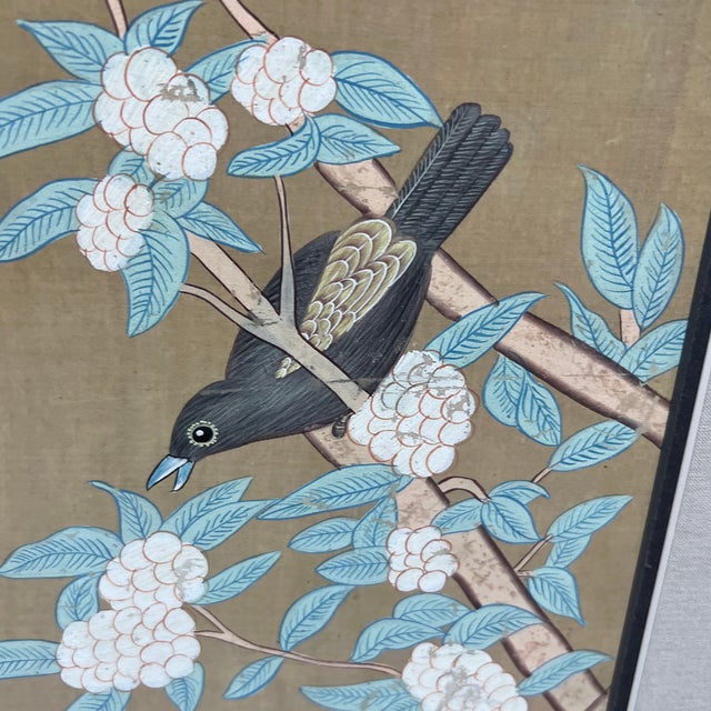 Persian Framed Antique Persian Painting of Birds and Flowers on Silk For Sale - Image 3 of 6
