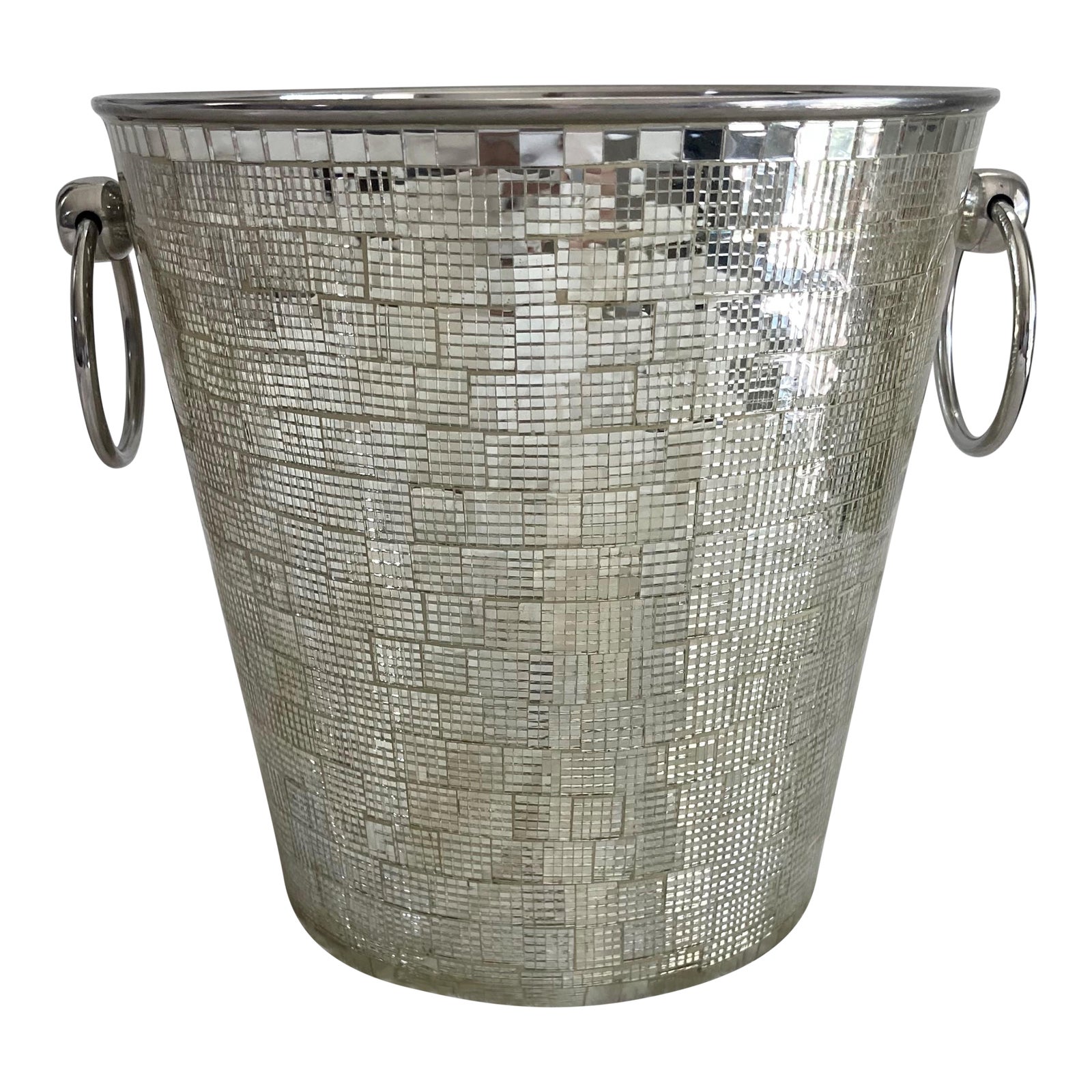 Circa 1990 Dazzling Hollywood Regency Mirrors & Polished Nickel Ice Bucket / Cooler With Post Ring Handles