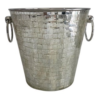 Circa 1990 Dazzling Hollywood Regency Mirrors & Polished Nickel Ice Bucket / Cooler With Post Ring Handles For Sale