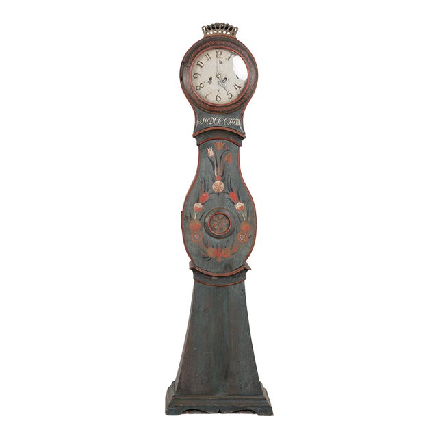 19th Century Original Blue Painted Swedish Mora Grandfather Clock For Sale