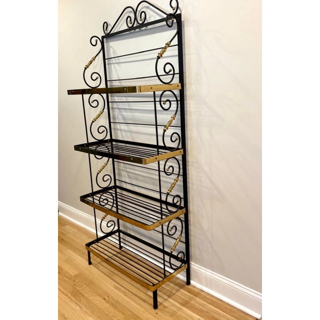 Metal Vintage French Style Four Tier Scrolled Wrought Iron & Brass Baker's Rack For Sale - Image 7 of 10