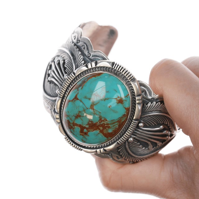 7.25" Marcella James Navajo Silver and Turquoise Cuff Bracelet For Sale - Image 4 of 11