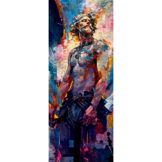 Mythical Resonance by Jon Wassom | Mixed media on canvas figure with abstract background For Sale