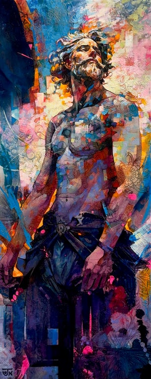 Mythical Resonance by Jon Wassom | Mixed media on canvas figure with abstract background
