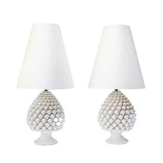 Vintage Pine Cone Shaped White Ceramic Table Lamps, 1960s, Set of 2 For Sale