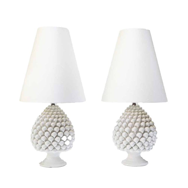 Vintage Pine Cone Shaped White Ceramic Table Lamps, 1960s, Set of 2 For Sale